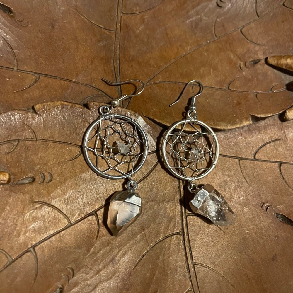 Silver tone Dreamcatcher Earrings with Raw Clear Quartz Point Dangles Boho